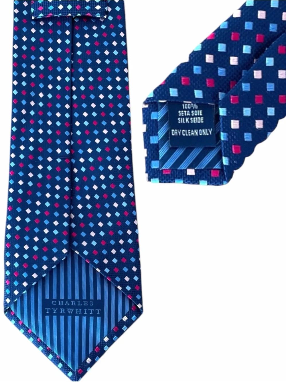 Charles Tyrwhitt Mens Navy Silk Geometric Foulard Pattern Dress Necktie Blue